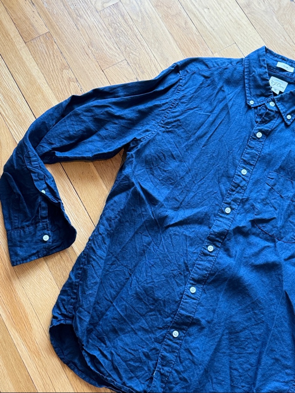 J. Crew Linen Navy Button-Down Long-Sleeve Shirt - Picture 3 of 7